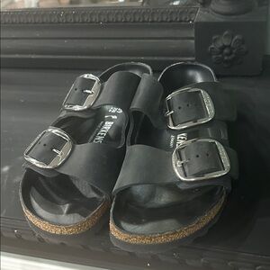 Birkenstock Black womens Sandals with Silver Buckles